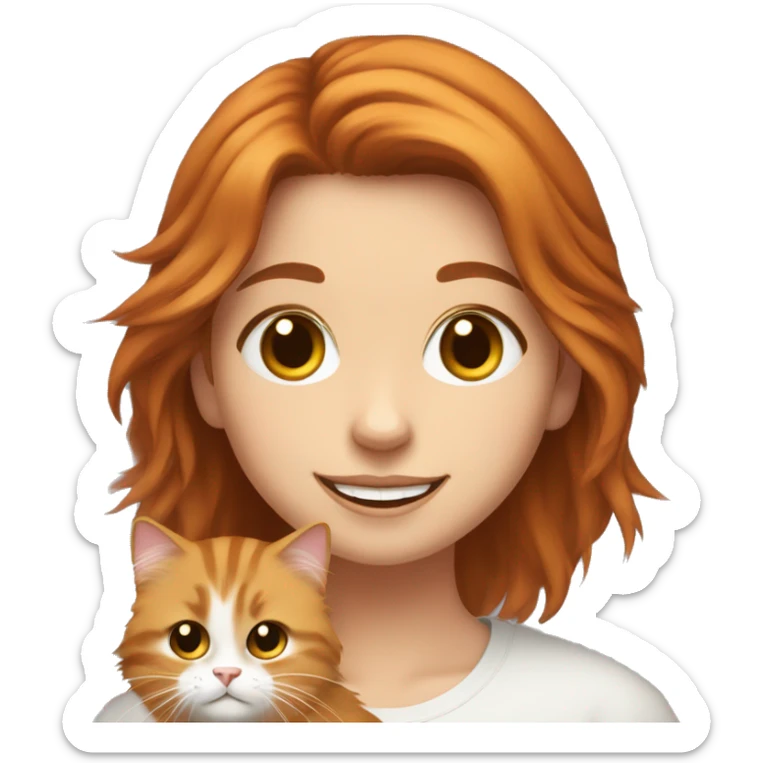 happy girl with brown eyes and ginger hair holding a Siberian fluffy cat sticker