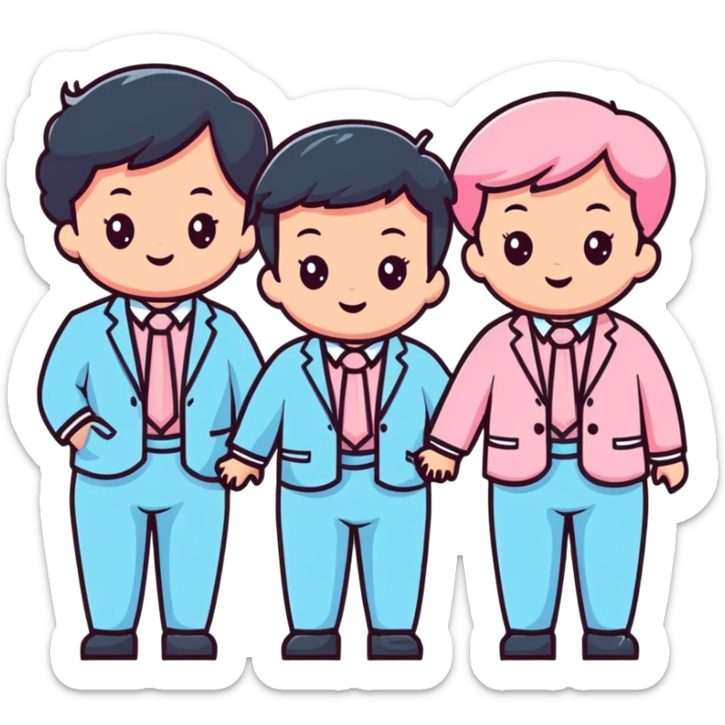 triplet toddlers with two girls in pastel pink clothes on each side and a boy in pastel blue suit in the middle sticker