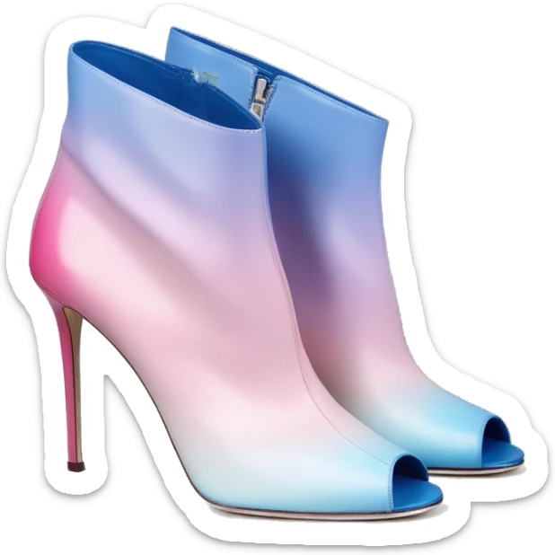 Realistic isolated top view of a pair of bubblegum pink,periwinkle off white,,pastel pink and pastel light blue ombre Jimmy Choo stiletto peep toe ankle boots. sticker