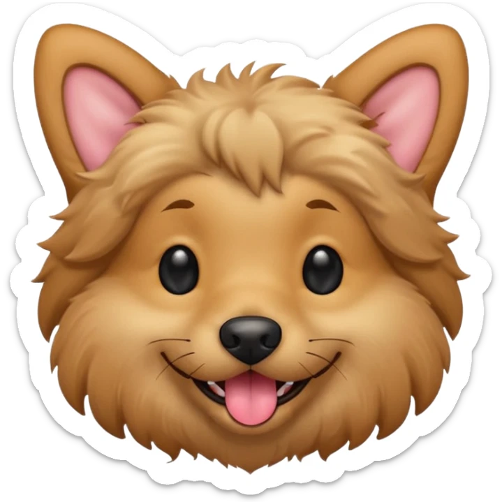 Dog face only, light brown fluffy dog, darker ears, small black nose, happy smiling with tongue out, simple emoji icon. sticker
