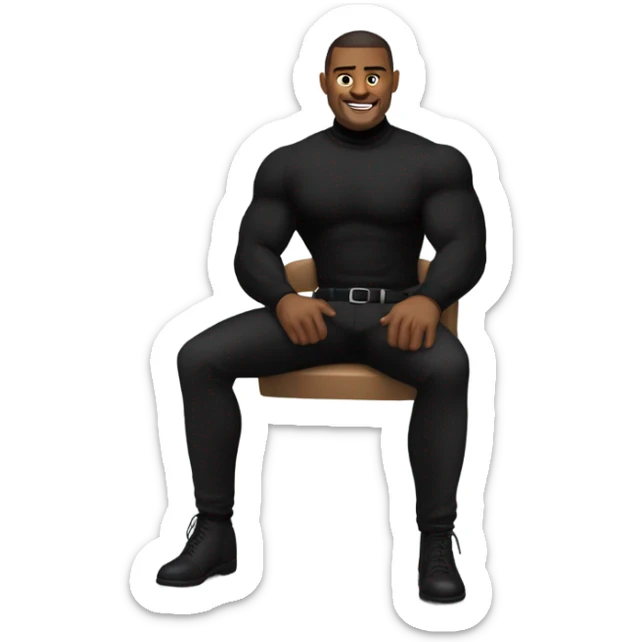 muscle man in black turtleneck shirt and black pants sitting in chair without handles sticker