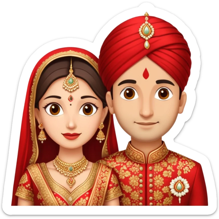 Indian married couple in traditional wedding attire, bride in red and gold wedding lehenga or saree, groom in sherwani, both with fair skin, groom is clean shaven sticker