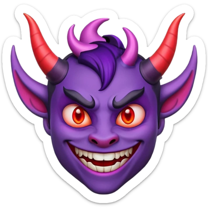 "Smiling face with horns devil emoji, purple skin, curved black horns, mischievous grin with fangs, pointed eyebrows, glowing red eyes, simple white background, cartoon emoji style, high detail, vibrant colors, isolated sticker