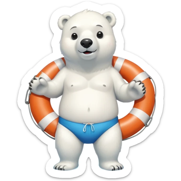 full body friendly anthropomorphised polar bear wearing swim shorts, life buoy around waist, swim goggles, standing with water pooled around feet sticker