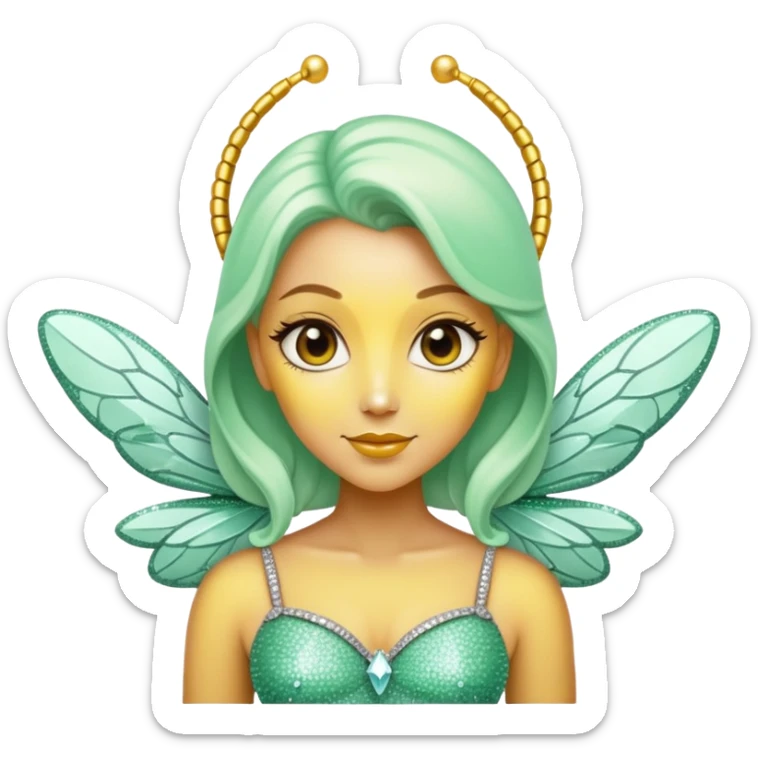 Mint green woman bee with diamond wings, sparkly rhinestones, and glitter accents sticker