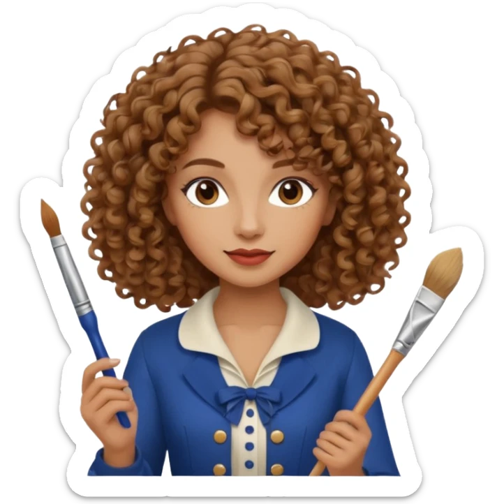 Woman with curly hair and tan/light brown skin dressed in French Parisian outfit holding a paintbrush.  sticker