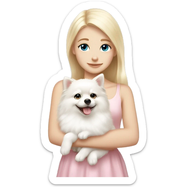 Blond girl white skin blue eyes hugging white Pomeranian with light pink bow sticker
