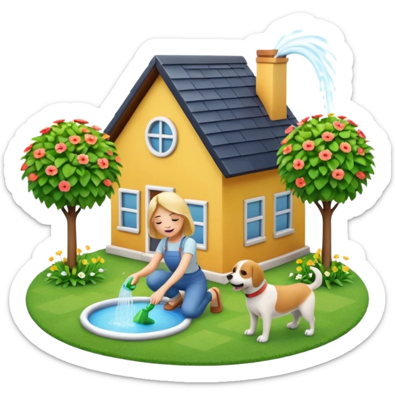 Make a 3D emoji Illustration of A house and there is a woman watering her plants while a dog is playing around on the grass sticker