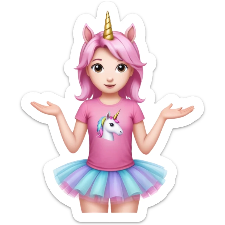 head of an anthropomorphised female unicorn in tutu and pink t-shirt, standard pose sticker