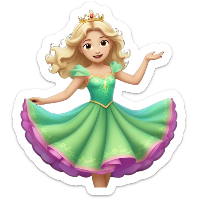 Cinematic Playful Aurora Portrait Emoji, Spinning in her dress, arms gracefully extended, eyes filled with laughter, exuding joy and charm, a princess dancing through her dreams! sticker