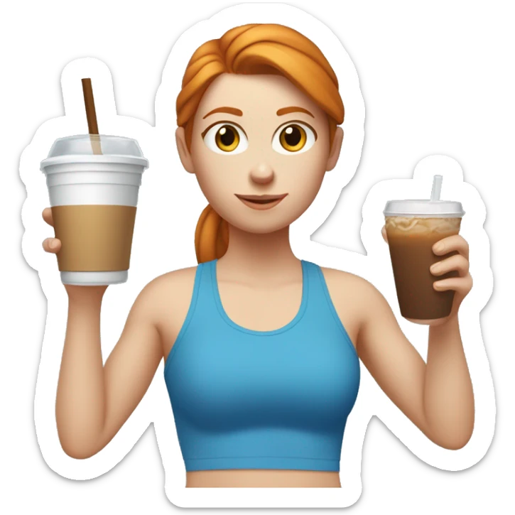 Ginger straight haired white girl in blue sports bra and leggings drinking brown iced coffee sticker