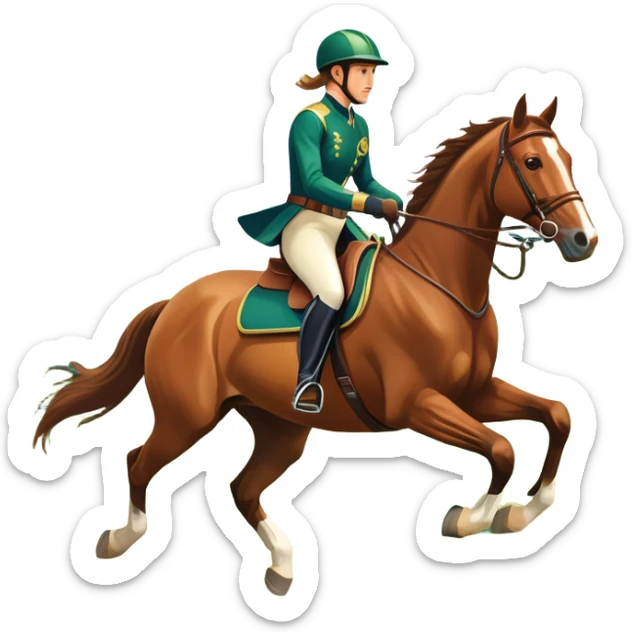 An icon featuring a horse and rider galloping gracefully over a lush green field. The rider is in full gear, guiding the horse with precision. The background shows rolling hills, a clear blue sky, and vibrant sunlight illuminating the scene. Transparent background highlights the elegance sticker