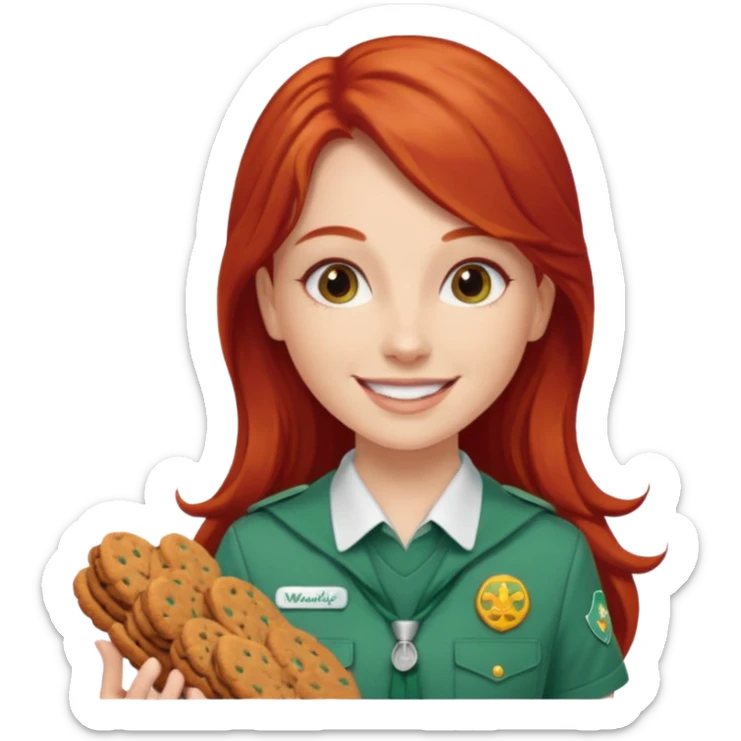white girl scout with red long hair selling cookie at Wendy’s big sticker