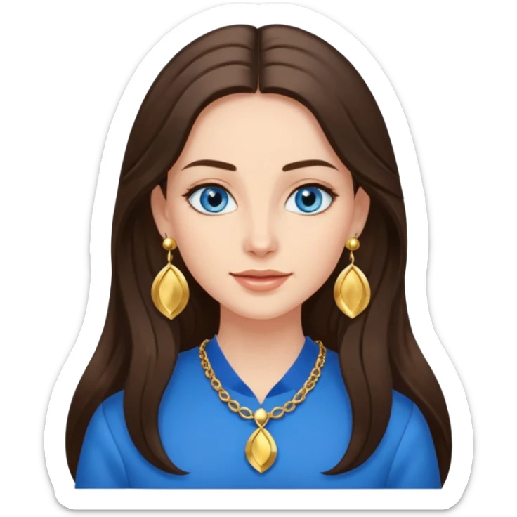 
Create an emoji of a brunette with blue eyes. She should have long hair, stylish clothing, and a friendly facial expression. Add some accessories like earrings or glasses to make the look more interesting. sticker