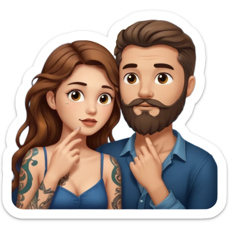 woman with long wavy brown hair tattoos and bearded man, she holds his chin, close flirty stare, moonlight glow sticker