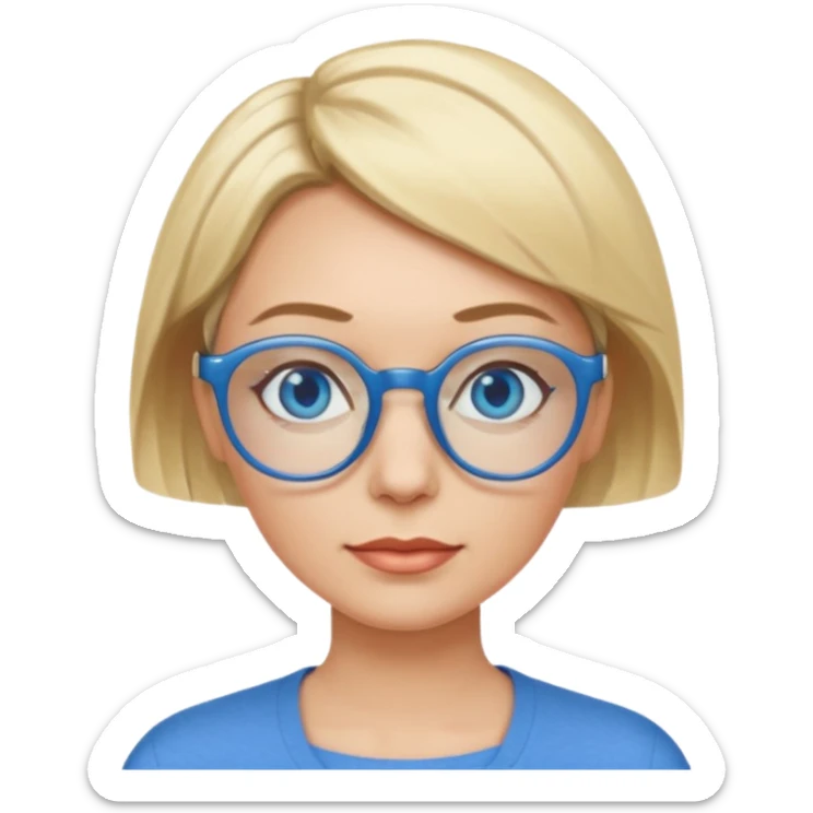 femme 40 ans cheveux extremement courts blond avec raie sur le coté, yeux bleu et lunettes rondes bleues sticker