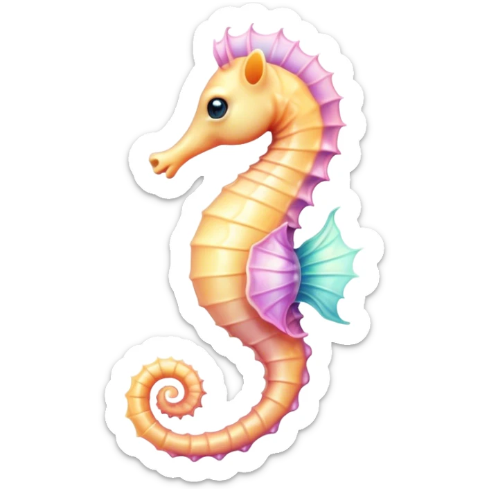Cinematic Cute Sea Horse Portrait Emoji, Head tilted playfully and inquisitively, featuring a charming, petite seahorse with a softly curved body in pastel tones, a delicately coiled tail and round, sparkling eyes full of gentle wonder, Simplified yet irresistibly adorable features, highly detailed, glowing with a warm, inviting aquatic glow, high shine, affectionate and lively, stylized with a touch of enchanting marine charm, soft glowing outline, capturing the essence of a mischievous yet loving seahorse that seems as if it could float out of the screen into your arms! sticker