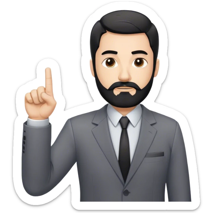 Emoji-style cartoon man, 50s, black beard with gray streaks, wearing a business suit. Raises right index finger upward (↑) to signal 'attention!' Simple design, bold lines, minimal details sticker