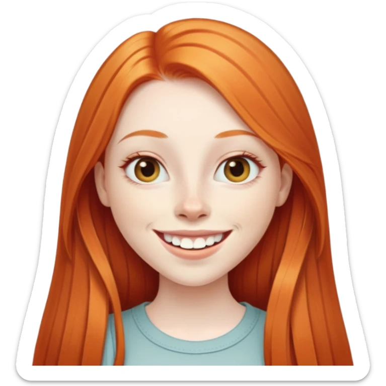 traditional emoji of young girl with very pale skin, long straight bright ginger red hair, elongated almond-shaped eyes, long nose, big smile with large prominent teeth showing, classic round face sticker