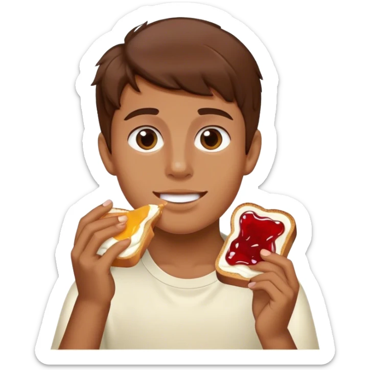 boy with brown hair eating toast with cream cheese and jelly  sticker