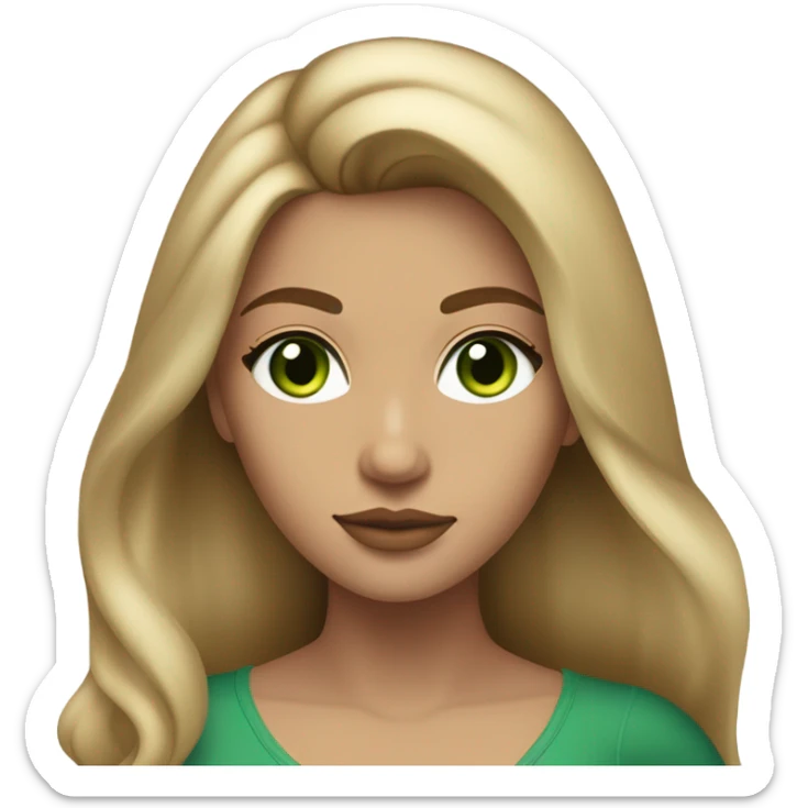 light tan skin, high cheekbone, solo dark blonde girl with green eyes, medium bust, long blow out hair, baddie, middle part, sultry sticker