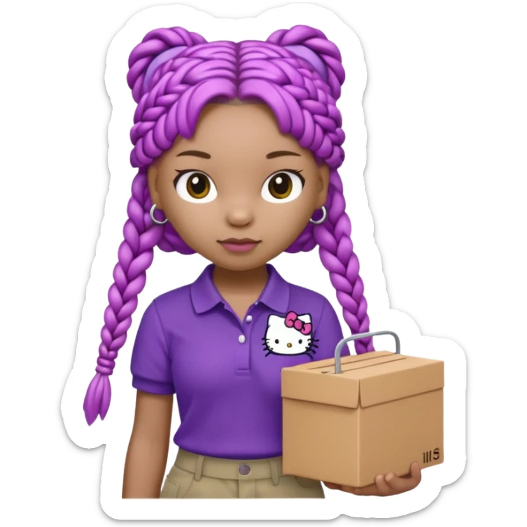 hello kitty wearing purple polo shirt and kyaki pants with long box braids sticker