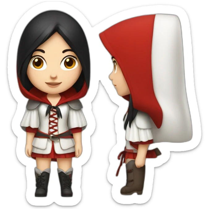 White girl long straight black hair with white streak hair and red ridding hood sticker