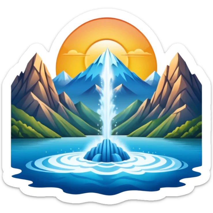 Please generate an image of a sunrise illuminating a lake with a huge water jet pointing only in one direction (upward and then down on one side) like that in the Geneva lake and some mountains in the background. sticker