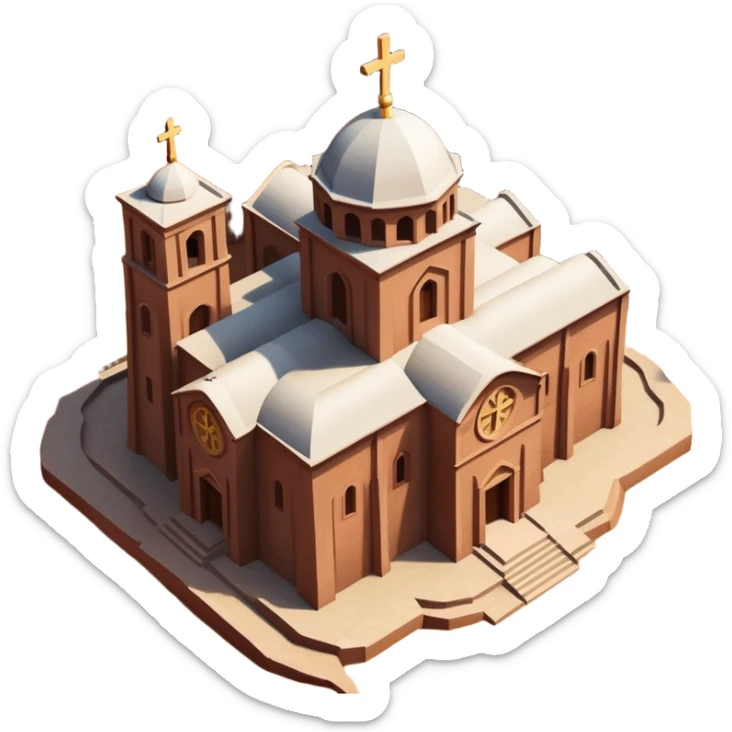 iOS emoji style HD illustration of the Church of Saint George, Lalibela, Ethiopia, top-down perspective, iconic cross shape, minimalistic lines, vibrant colors sticker