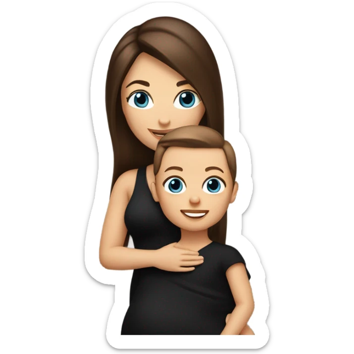 white woman, wearing a black dress and boots, stylish, with straight long mid hair, dark brown hair, blue eyes, round face, uni-lips. holding her baby boy, one year old, brown skin, bit of hair straight brown smiling sticker