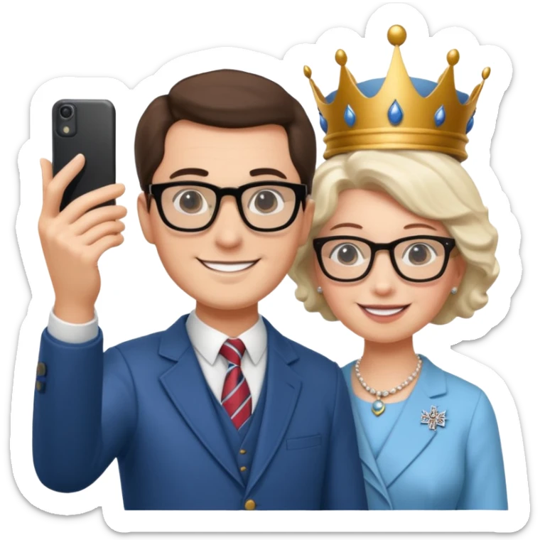 a man who's taking a selfie in a room with the statue of the queen elizabeth the II sticker