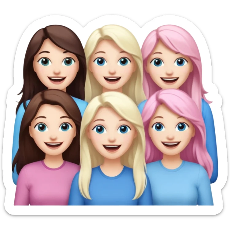 four adult white women laughing and smiling.  Two have long dark brown hair.  One has long pale pink hair and blue eyes. one has with blue eyes and light blonde hair. sticker