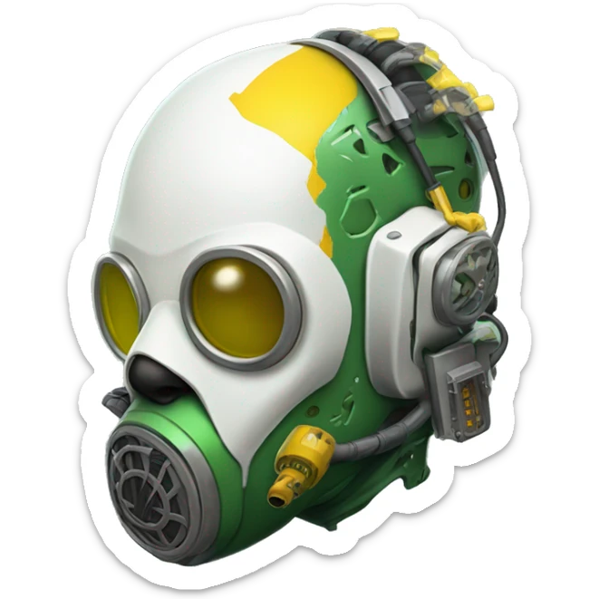 Green skin cyborg head with dark yellow Mohawk, white respirator mask and circuitry sticker