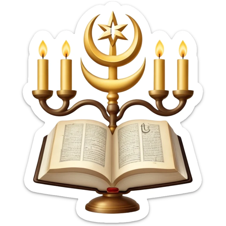 An icon featuring a Holy Bible, The Quran, Tara and the menorah, The Orthodox cross, a crescent moon, symbolizing the study of religions. The design includes diverse religious symbols and a globe, representing global beliefs and spiritual practices. Transparent background. sticker