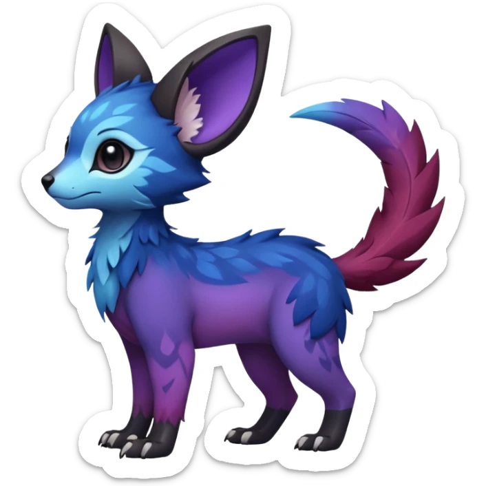 Feral Rare cute realistic edgy black-blue-burgundy-violet-gradients pretty beautiful handsome gorgeous aesthetic colorful vibrant Vernid-Trico-species-Fakemon-creature by LiLaiRa, random markings, tufted ears, full body sticker
