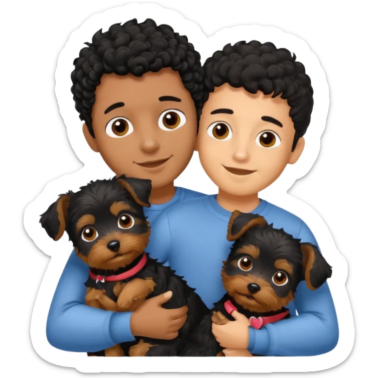 Young man with little brown skin, black curly hair, cheerful dark brown eyes, hugging two yorkie terrier  sticker