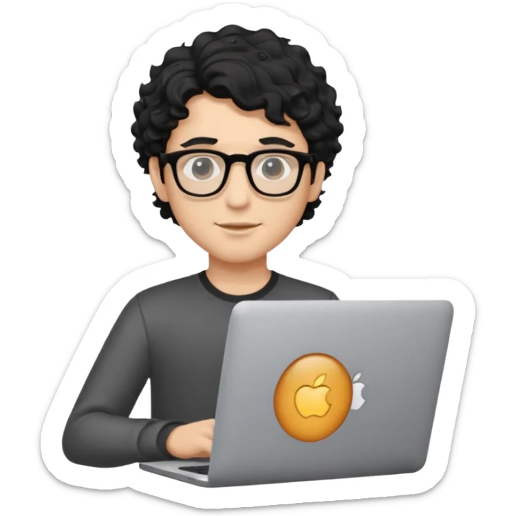 guy with wavy kinda curly black hair and light-to-medium skin tone like latino and glasses, with a macbook sticker
