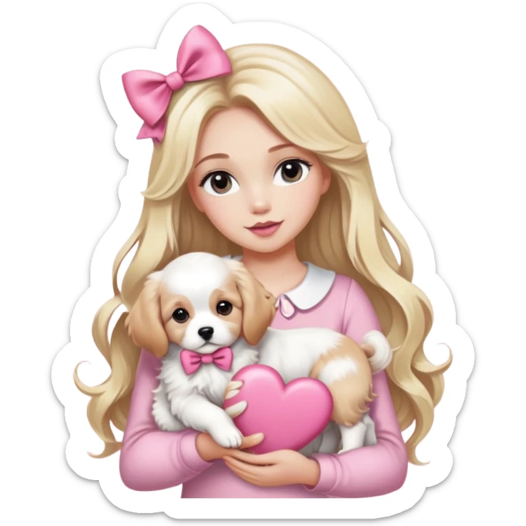 Pretty blonde bombshell girl with long hair and highlights. She has long eyelashes and a pink bow in her hair. She is holding a cavalier puppy and a Great Pyrenees puppy in her arms and there is a huge heart behind her sticker