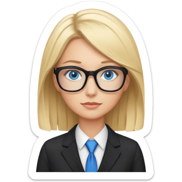 pretty caucasian woman with blonde hair and blue eyes with black glasses in a business suit sticker