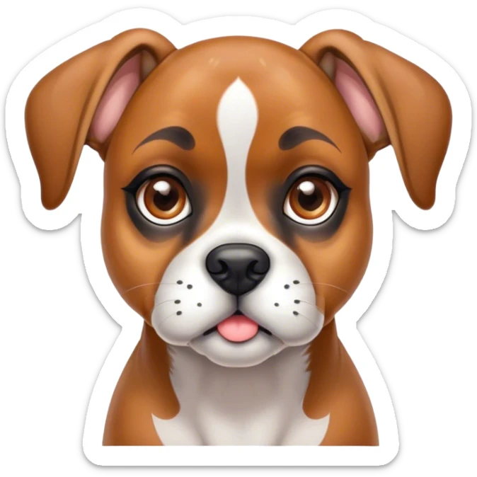 Cinematic Cute Fawn Boxer dog Portrait Emoji, Head tilted playfully and inquisitively, with a glossy fawn Fur highlighted by a white muzzle and chest, round, sparkling brown eyes filled with curiosity, Simplified yet irresistibly adorable features, highly detailed, glowing with a warm, friendly glow, high shine, affectionate and lively, stylized with a touch of whimsy, bright and endearing, soft glowing outline, capturing the essence of a mischievous yet loving pup, so playful it feels like it could bound out of the screen and into your arms! sticker