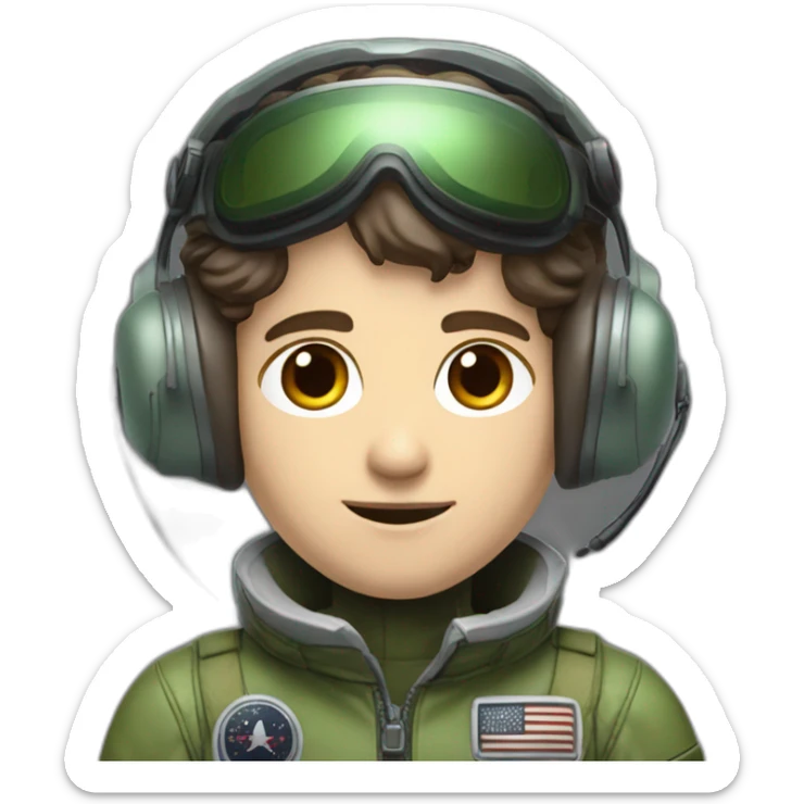 A young white male tennager with a thin face with dark brown hair and brown eyes in a pilot suit and wearing a green Pilot headset sticker