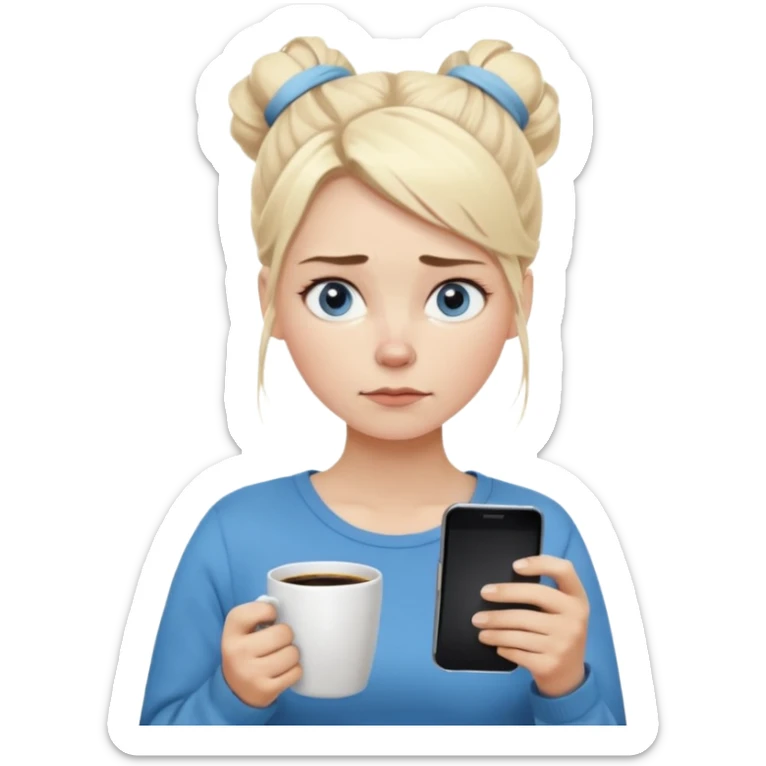 Cartoon emoji of a Scandinavian-looking woman with light blonde hair, pale skin, blue eyes. Portrait mode. Messy bun, tired eyes, tense face. Holding phone and coffee, rushed posture. Clearly busy, overwhelmed, slightly miserable. Smooth, simple, stylized sticker
