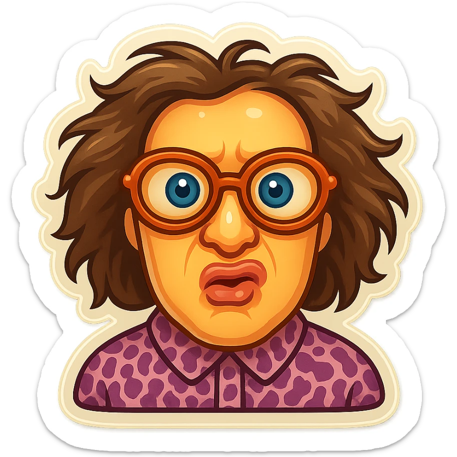 Create an emoji based on this person's appearance, focusing on the wild hair, glasses, and patterned shirt. Use a fun, expressive style suitable for emoji, in a retro stickers style. sticker
