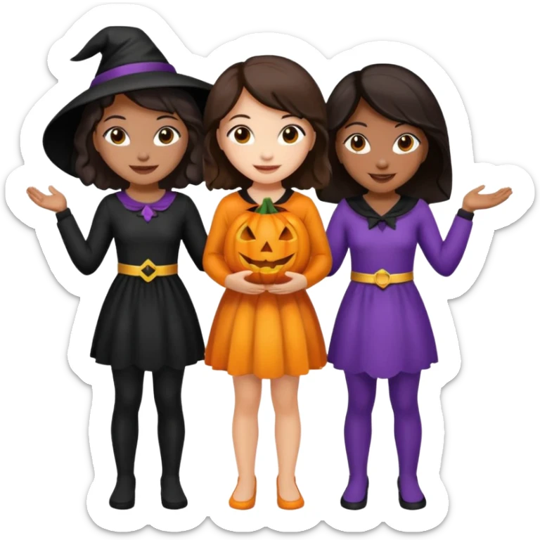 Three best girlfriends cute Halloween with dark brown hair. One African-American, one Asian, one Caucasian. sticker