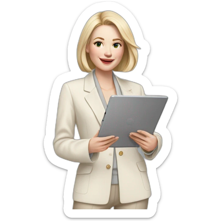 pale skin woman with ash blonde Straightened bob Hair, White Spacious classical jacket, beige palazzo Arrow pants and gray blouse holding a IPad Pro 12.9” in the hands sticker