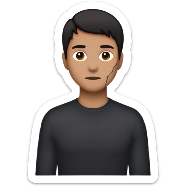 Minimalist emoji-style sticker of a person standing in front of a cracked mirror. The mirror shows a dark shadowy silhouette or distorted figure instead of a reflection. Flat black and white design with muted gray tones. No text. Bold, clean lines. Square composition. No shading or gradients. sticker