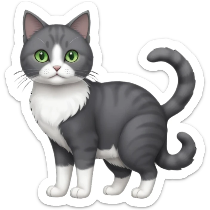 full body view of beautiful female solid dark grey cat with green eyes, white toes/paws and white patch on her chest sticker