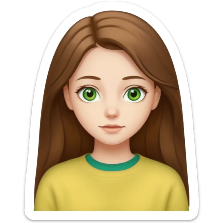 please create an emoji of a semi pale girl with long brown hair, green eyes, wearing a pastel yellow sweater sticker
