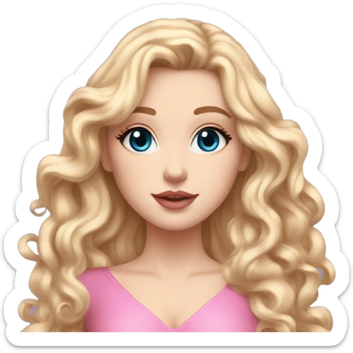 White girl 🧝🏻‍♀️, blue eyes, blond very long curly hair, pink lips, black arrows and brown eyeshadows, pink sexy dress. Background long. Magnolia 🌸 levitate. sticker