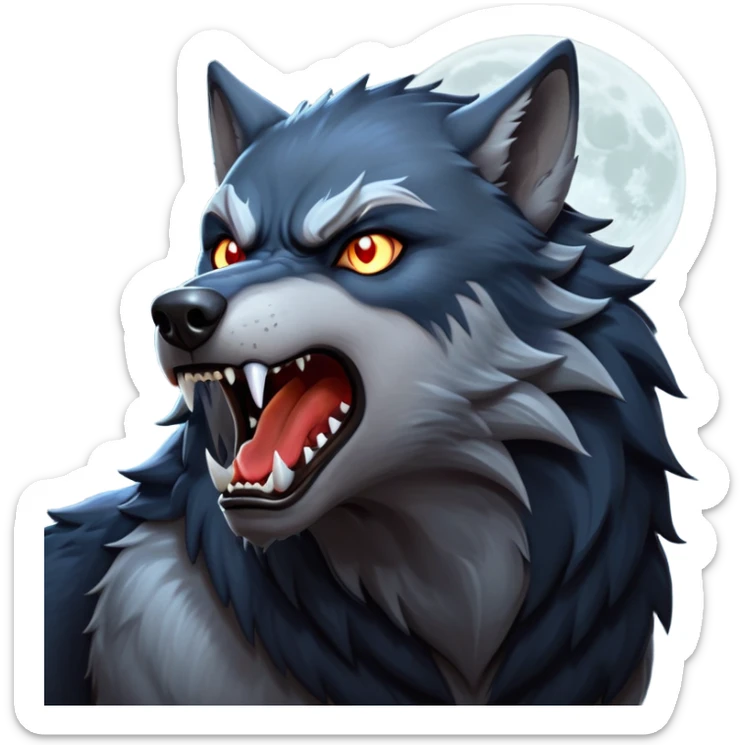 cinematic-noble-fierce-werewolf-howling-portrait-emoji, poised-and-imposing, with a fierce wolfish face tilted upwards in a haunting howl, glowing eyes full of primal ferocity, sharp, and a rugged snout, fur rippling in shades of midnight black and silver, muscles tensed as the powerful howl echoes beneath the moonlit sky; rendered with realism, capturing the raw, untamed power of the beast in its wild, primal state sticker